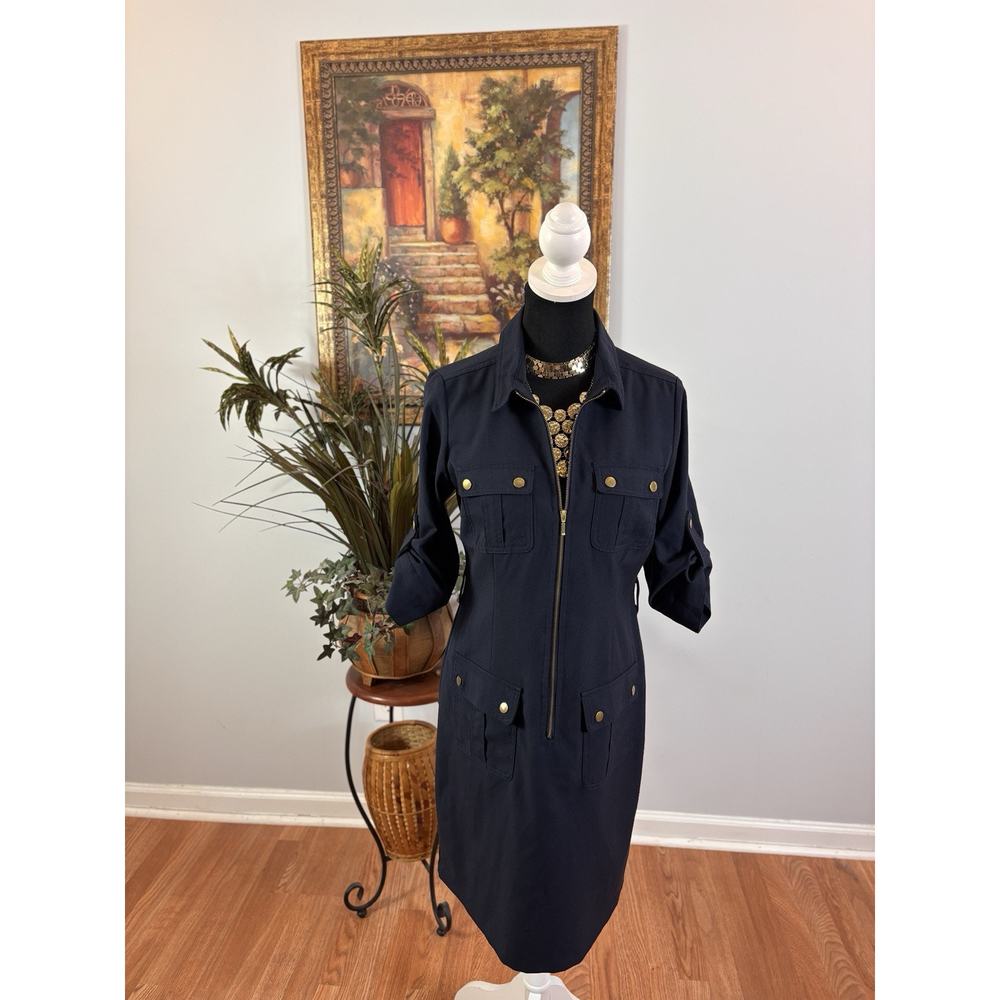 Sharagano Women Shift Collared Zip Up Size 6Dress 4 Pockets Navy Blue